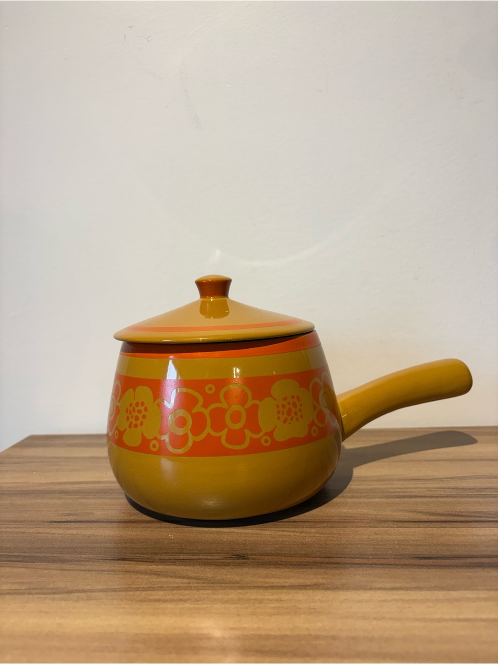 Mustard Yellow Ceramic Saucepan with Orange Floral Band